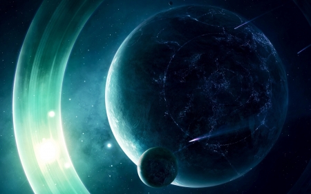 Planets - space, fantasy, cosmos, blue, planet, luminos