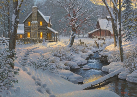 Winter - pictura, winter, painting, snow, iarna, haouse, art