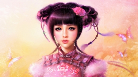 Samurai - girl, samurai, frumusete, fantasy, asian, face, butterfly, pink, ruoxin zhang, luminos, flower