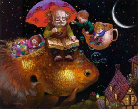 Grandfather's tales - moon, tale, night, fantasy, painting, art, umbrella, luminos, fish, pictura, grandfather, luna, golden