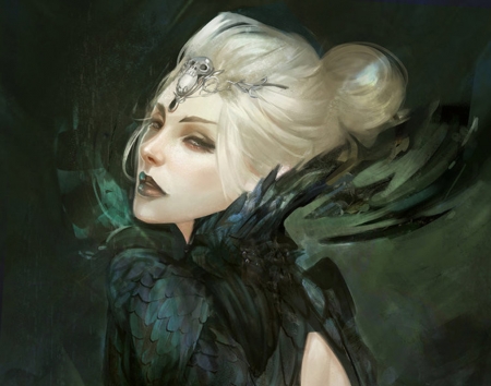 Sorceress - dark priestess, fantasy, girl, blonde, feather, art, marie magny, luminos