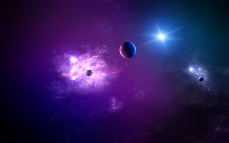 Space - sun, fantasy, space, purple, luminos, pink, blue, planet, cosmos