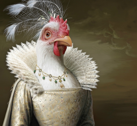 :D - chicken, queen, feather, creative, fantasy, white, peacock, lady, red