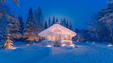 Winter house - house, winter, cabin, beautiful, snow, lights, cold, frost, dusk, sky