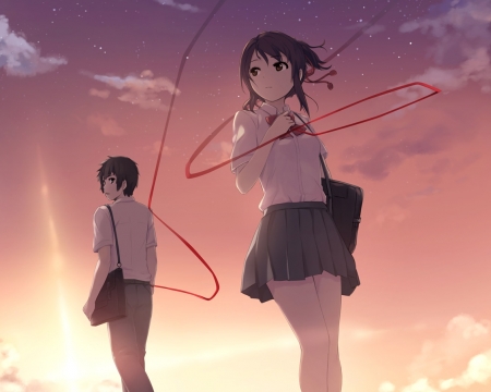 Red Thread of Fate - Sunset, Anime Girl, Clouds, Tachibana, Taki Tachibana, Miyamizu, Stars, Anime, Anime Couple, Mitsuha, Thread of Fate, School Bag, Seifuku, Red Thread, Anime Guy, Sky, Your Name, Black Hair, Mitsuha Miyamizu, Lovers, Kimi no Na wa, Taki, Short Hair, School Uniform, Couple, Big Eyes