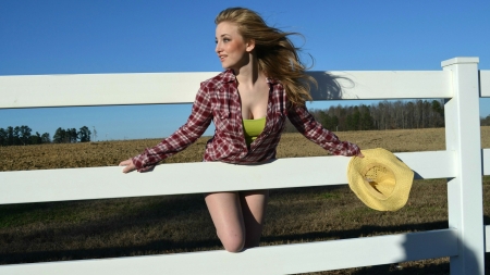 Windy Day On The Ranch - hat, cowgirl, trees, wind, windy, ranch, field, fence