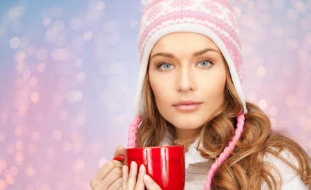 Beauty - hat, bokeh, winter, blue, girl, pink, christmas, craciun, red, woman, model, face, cup