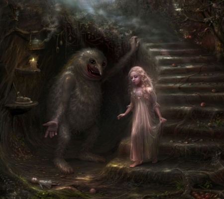 The princess and the goblin - princess, girl, dark, goblin, luminos, cornacchia-art, cornacchiaart, fantasy