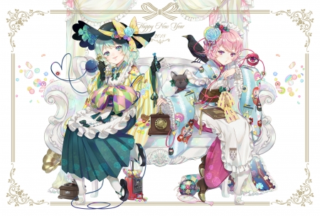 Lolita Fashion - hat, anime, blue, girl, pink, manga, white, lolita fashion, ekita xuan, couple