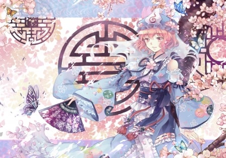 Saigyouji Yuyuko - fan, girl, saigyouji yuyuko, hand fan, ekita xuan, pink, blue, anime, manga