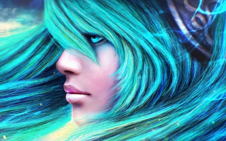 Sona - girl, profile, fantasy, magicnaanavi, face, game, sona, league of legends, luminos, blue