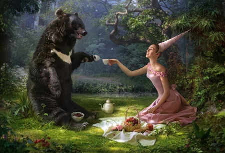 Tea time - hat, cornacchiaart, girl, tea, pink, cornacchia-art, bear, fantasy, animal, green, luminos, cup