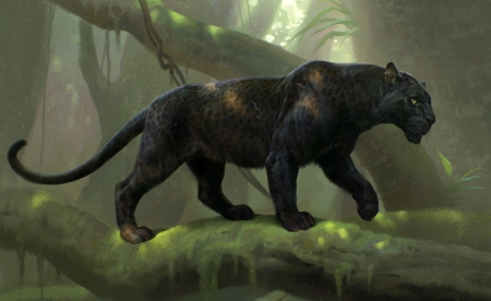 Bagheera - michael kutsche, the jungle book, bagheera, black, fantasy, pisica, green, jungle, panther, art, luminos, big cat