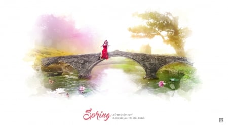 Spring - red, fantasy, spring, bridge, girl, art