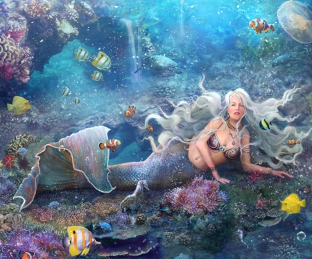 Mermaid - girl, water, summer, fantasy, siren, blue, luminos, mermaid, fish, samaposebe, sea