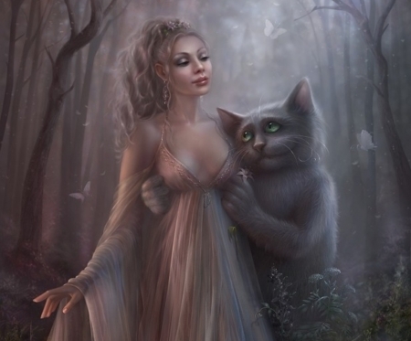 In love - cornacchiaart, fantasy, pisica, cornacchia art, girl, forest, luminos, cat