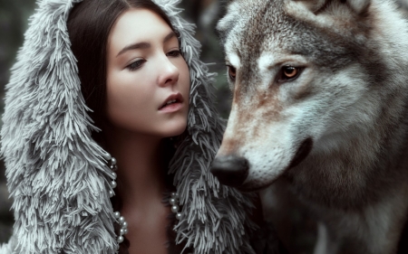 The girl and the wolf - fur, lup, animal, winter, woman, wolf, model, girl