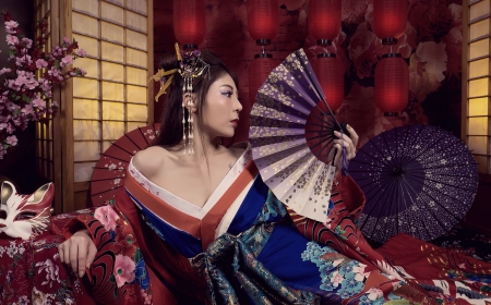 Beauty - hand fan, blue, girl, fan, kimono, umbrella, parasol, red, woman, model, asian