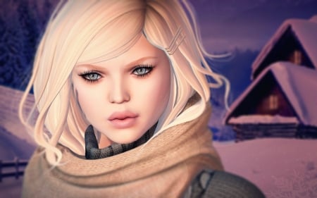 Winter evening - rendering, girl, winter, scarf, fantasy, face, luminos, susanne drechsler, blonde