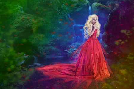 Magical Wishes - digital, pretty, jessica truscott, beautiful, girl, night, art, fantasy, red dress, woman