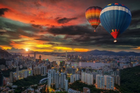 Baloon Ride at Sunset - fun, sunset, nature, skyscrapers, balloons, cool