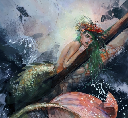 Mermaid - water, girl, sea, pink, orange, tail, anastasia radionova, fantasy, wreath, siren, mermaid, green, fish, art, luminos