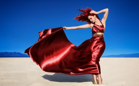 Beauty - woman, redhead, girl, jessica truscott, model, wind, red, blue, dress