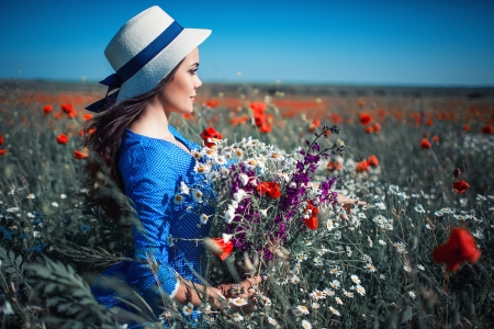 Beautiful Day - flowers, field, woman, model