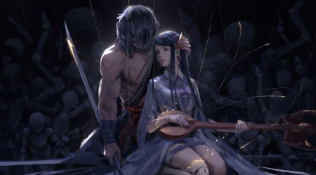 Puppet - blue, wlop, girl, sword, man, dark, black, fantasy, instrument, katana, couple, art, luminos