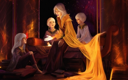 Storyteller - alexandra hodgson, storyteller, fantasy, yellow, girl, children, art, luminos