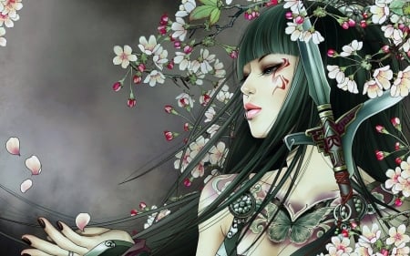 Samurai girl - girl, samurai, asian, fantasy, tattoo, hand, luminos, blossom, green, flower