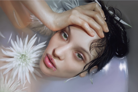 Girl - water, loan nguyen, portrait, girl, bath, flower, fantasy, white, hand, face, art, luminos