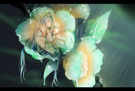 Miku - hatsune miku, girl, rain, water drops, yellow, vocaloid, blue, luminos, anime, qi he ye, manga, flower