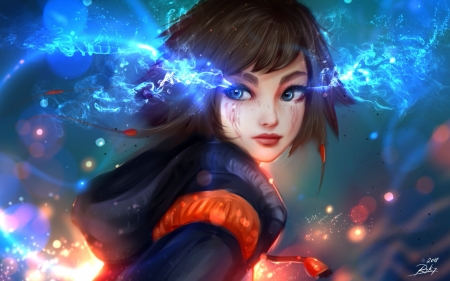 Magic - girl, luminos, blue, ryky, magic, orange, fantasy