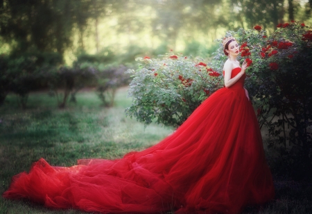 Beauty - summer, dress, girl, olga boyko, red, green, woman, garden, model, rose