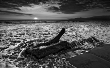 Ocean - ocean, sun, clouds, chip wood, waves, foam