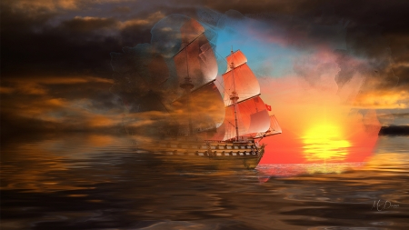 Sunset Sea Collage - sky, ocean, collage, sailing ship, dramatic, sunset, tall ship, sea, firefox persona theme