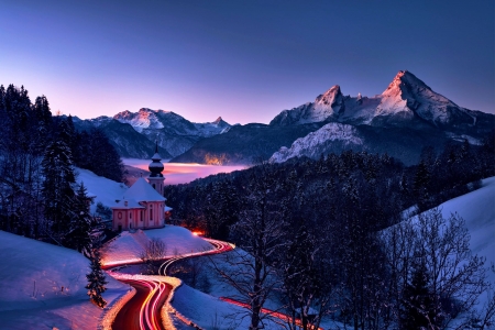 Bavarian Winter - street, alps, snow, mountains, Matterhorn, light, garmisch-partenkirchen, chappel