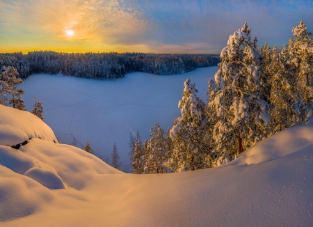 Lake in Winter - sky, firs, water, clouds, sunset, snow