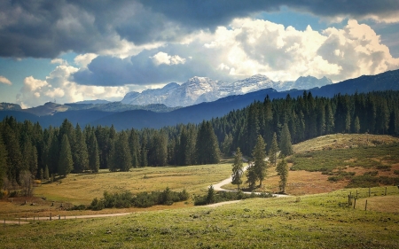 Mountain Landscape - clouds, nature, road, landscape, field, forest, mountains