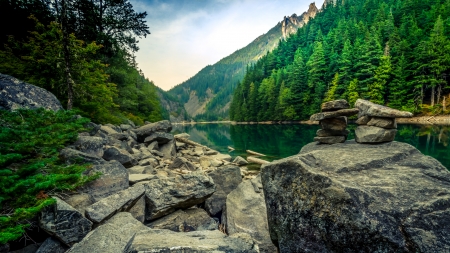 Lake Near the Forest - stone, trees, nature, lake, forest, mountains, sky