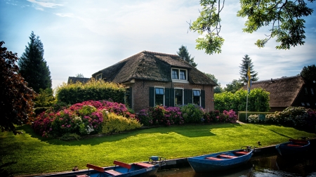 Netherland Houses - netherlands, nature, village, houses, boats, mansion