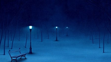 Austerity - trees, winter, fog, snow, night, lights, snowing, mist, late, bench, park