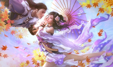 Fantasy couple - parasol, yankong bu, couple, girl, frumusete, fantasy, yellow, umbrella, luminos, man, flower