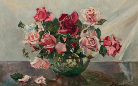 Roses in a bowl - georgy lapchin, pink, pictura, bowl, red, painting, rose, art, luminos