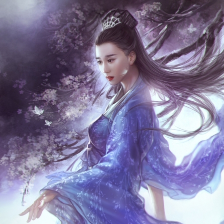 Dynasty princess - yankong bu, girl, frumusete, asian, fantasy, white, art, luminos, blue