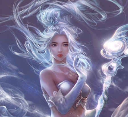 Sorceress - sorceress, yankong bu, fantasy, white, blue, girl, art, luminos