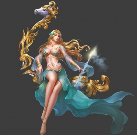 Fantasy girl - game, fantasy, grey, blue, girl, golden, luminos