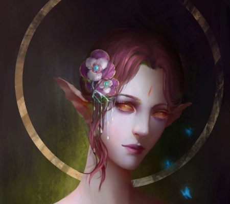 Elf girl - face, elf, art, girl, luminos, pink, fantasy, flower