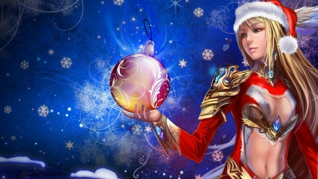 Fantasy girl - hat, blue, ball, girl, christmas, santa, hand, craciun, red, luminos